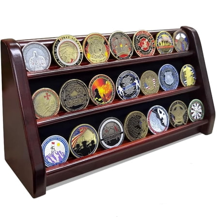 3 Rows Wooden Challenge Coin Wall Display Stand - Military Coin Holder Army Coins Rack, Holds 21-24 Coins, Mahogany