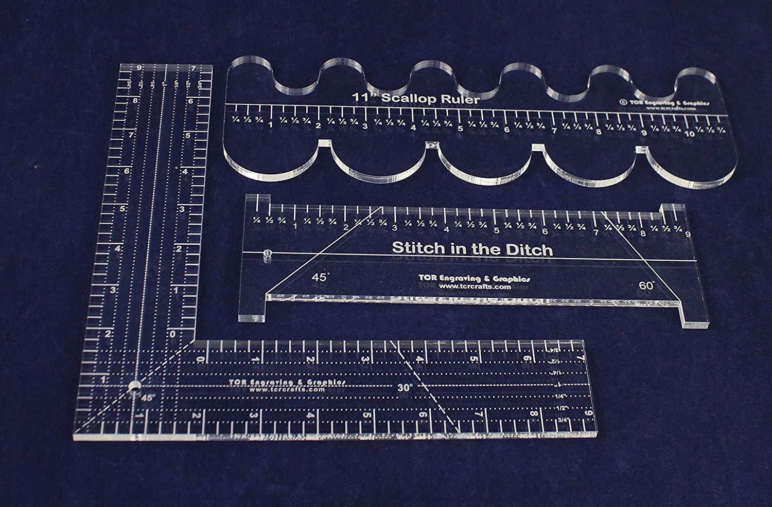 3 Ruler Set -11" Scallop, 9" Stitch in The Ditch, 9" L-Shaped 1/4"- Clear Acrylic - Quilting/Sewing