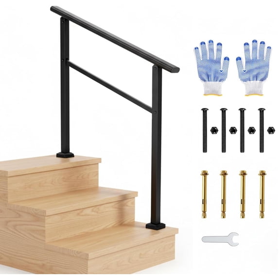 3-Run Stair Safety Handrail Kit  Black Aluminum and Iron  Indoor/Outdoor  Non-Slip, Weatherproof, ADA Compliant  Includes Gloves  3 Steps, 1 Piece, Black