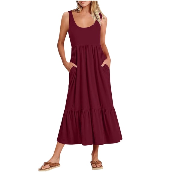 SELONE Summer Maxi Dresses for Women V Neck Sleeveless Dress Wide Strap Vacation Dresses with Pockets Holiday Sundress