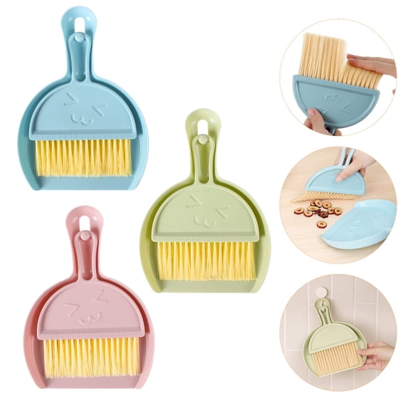 3 SET Mini Broom and Dustpan Set for Home, Car, Kitchen, Table, Kids - Durable Plastic Bristles, Handheld, Hangable, 3 Colors