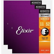 3 SETS ELIXIR 11027 NANOWEB ACOUSTIC GUITAR STRINGS LIGHT 11-52 80/20 BRONZE