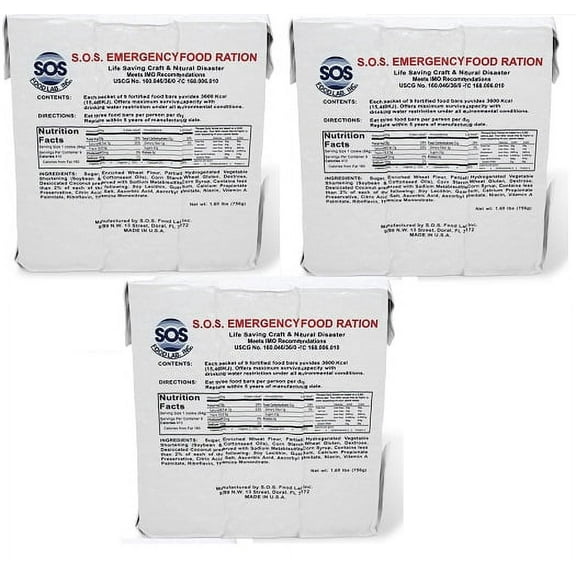(3)SOS Rations EMERGENCY Earthquake 3600 Calorie Food Bar Survival 3 Day 72 Hour