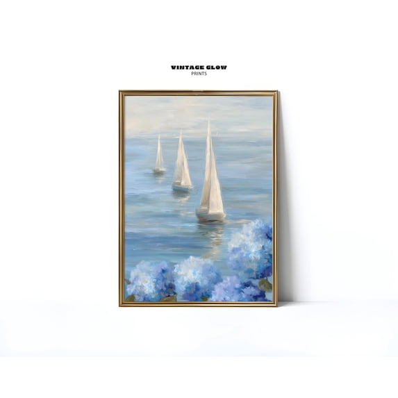 3 Sailboats Coastal Print, Blue Hydrangeas Wall Art, Grandmillennial ...