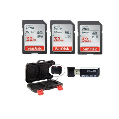 3 SanDisk 32GB Ultra SDHC UHS-I Memory Cards + Memory Card Case + Card Reader