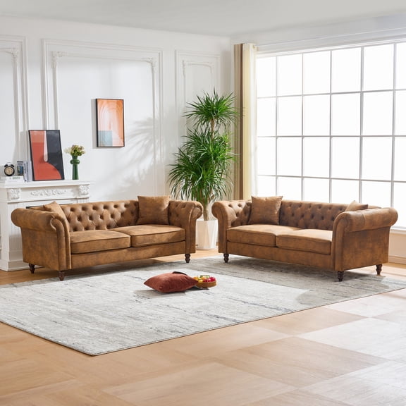 3 Seat+3 S Sofa Set Chesterfield tech Fabric Sofa,High-tech Fabric Roll Armrest Sofa,Upholstered Mid Century Modern Couch,3+3 Seater Combo Couch for Living Room, Office, Apartment, Brown