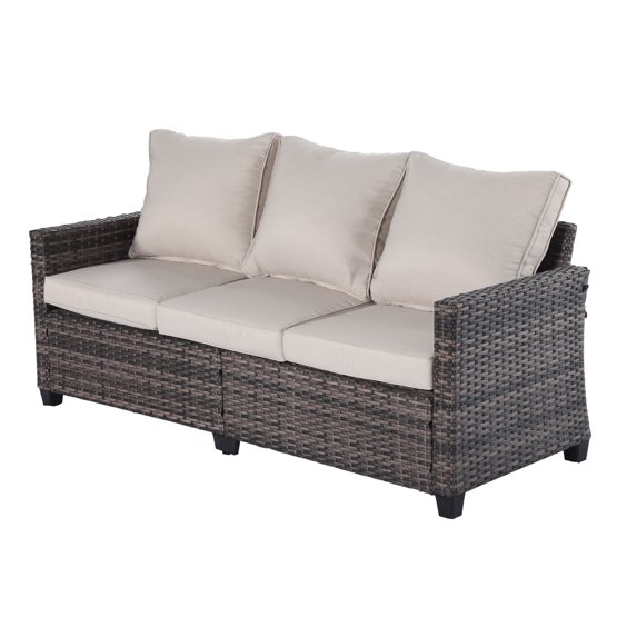 Decksplore 3-Seat All-Weather Outdoor Rattan Sofa with High Back, Premium Brown Wicker and Gray Cushions for Garden