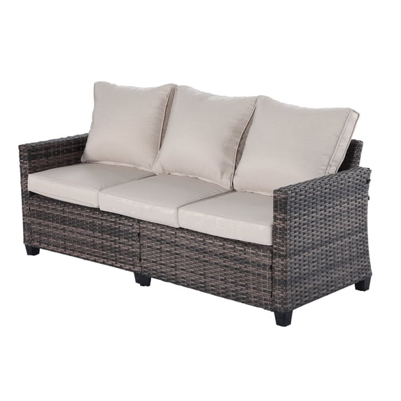 Decksplore 3-Seat All-Weather Outdoor Rattan Sofa with High Back, Premium Brown Wicker and Beige Cushions for Garden