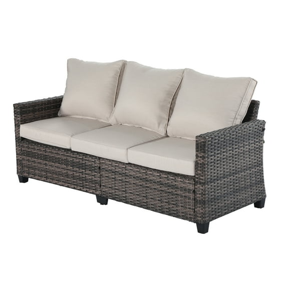 3-Seat All-Weather Outdoor Rattan Sofa with High Back, Premium Brown Wicker and Gray Cushions for Garden