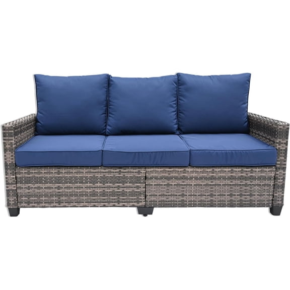 3-Seat Outdoor Sofa with High Back, Premium Resistant Rattan and Cushions Weather with Deep Seat for Patio Backyard Porch Balcony, Blue