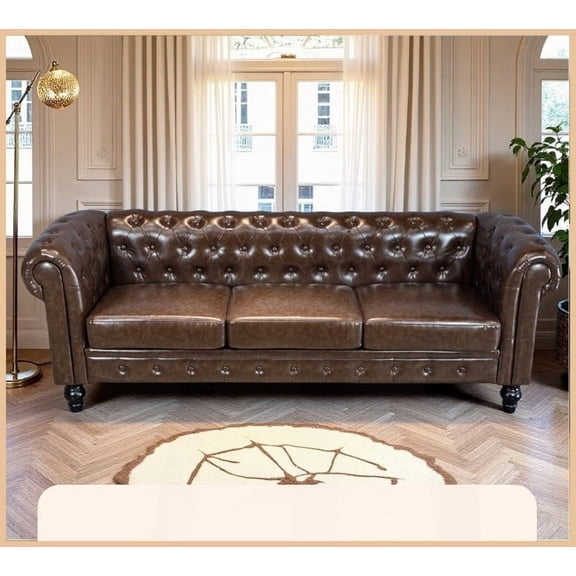 3-Seat American Chesterfield PU Leather Sofa with Removable Washable Cushions for Living Room Apartment