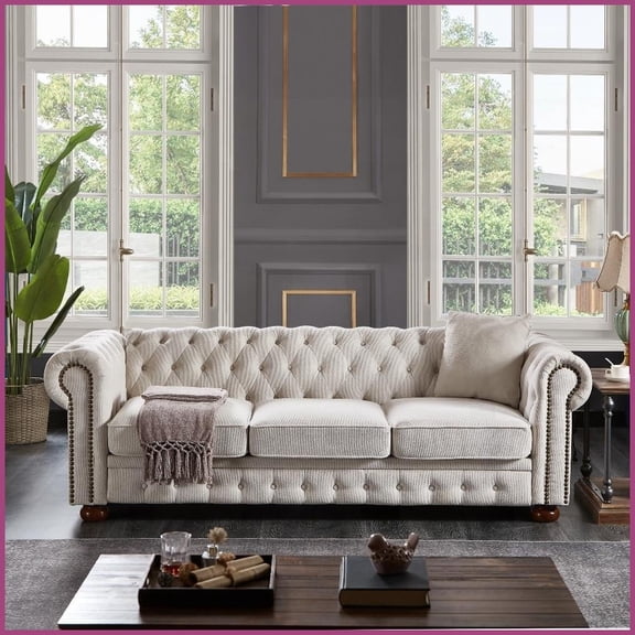 American Chesterfield 3-Seat Beige Linen Sofa for Living Room Sturdy Wood-Metal Frame & Bronze Nail Accents