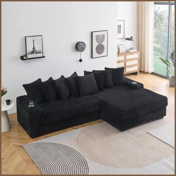 3-Seat Black Corduroy L-Shaped Sofa with Reversible Chaise, Cup Holders & Storage for Living Room Bedroom