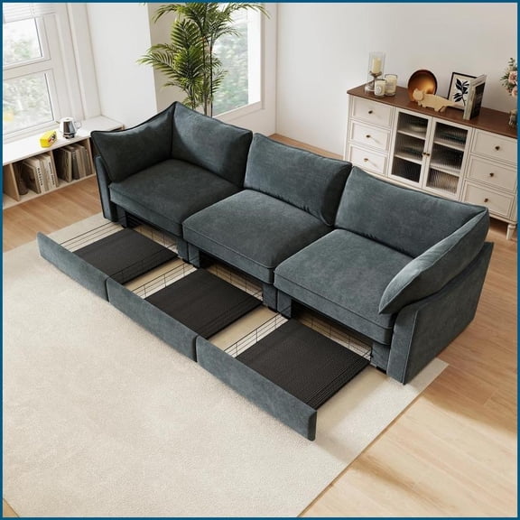 3-Seat Chenille Storage Sofa | Gray | Cushion Back | Round Arms Modern Nordic Style for Living Rooms