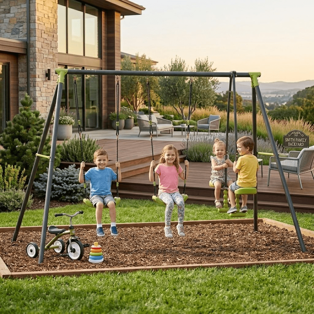 3-Seat Kids Metal Swing Set, 440 LBS Heavy Duty Weatherproof Outdoor Swing with Face-to-Face Curved Board Design, Easy Assembly Playground Swing for Backyard Garden Ages 3+