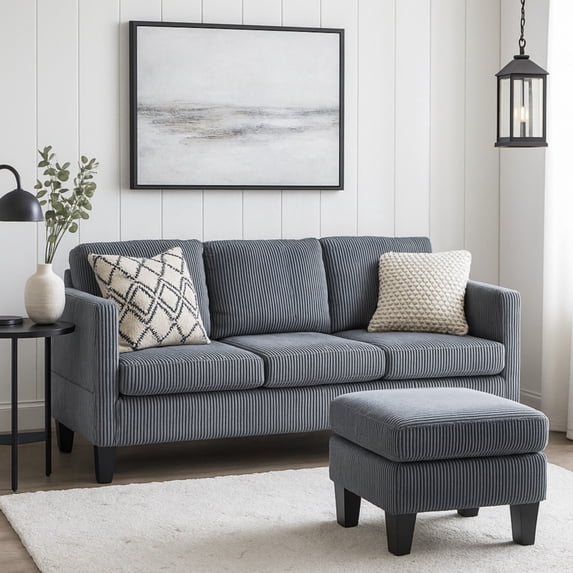 3 Seat L Shape Sofa,Small Sectional Sofa with Ottoman, Comfortable Corduroy Couch, Modern Convertable Couches for Living Room Apartments Small Space, Gray