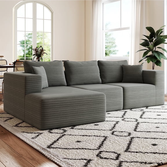 3 Seat L-Shaped Boneless Sectional Sofa for Medium Room (Grey, Left Facing Chaise)