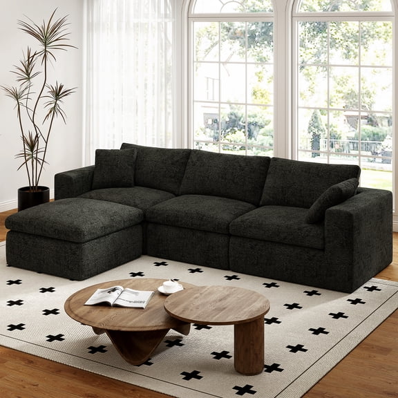 3 Seat L-Shaped Cloud Sectional Couch for Medium Room (Black, Left Facing Chaise)