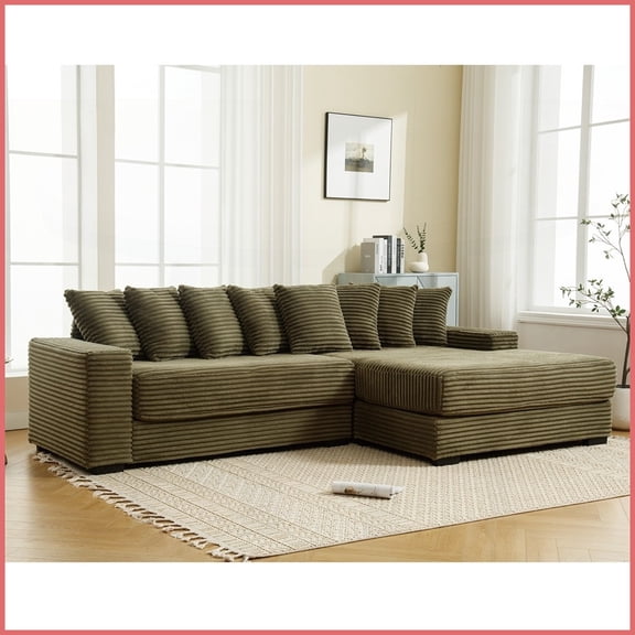 3-Seat L-Shaped Corduroy Sectional with Right Chaise, 8 Pillows & Easy Assembly - Green | Corduroy | Square Arms | Green