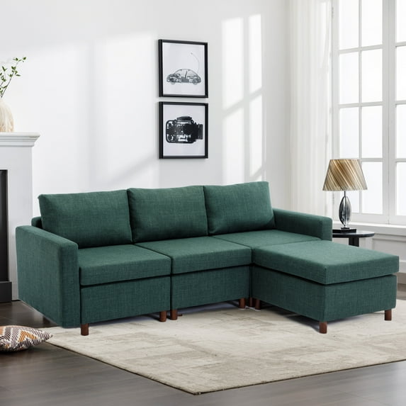 3 Seat Linen Fabric Module Sectional Sofa with 1 Ottoman, Customizable Sectional Sofa Couch, Accent ArmChair Chair with Pillow, Comfy Modular Sofa for Living Room ,Apartment, Home and Office, Green