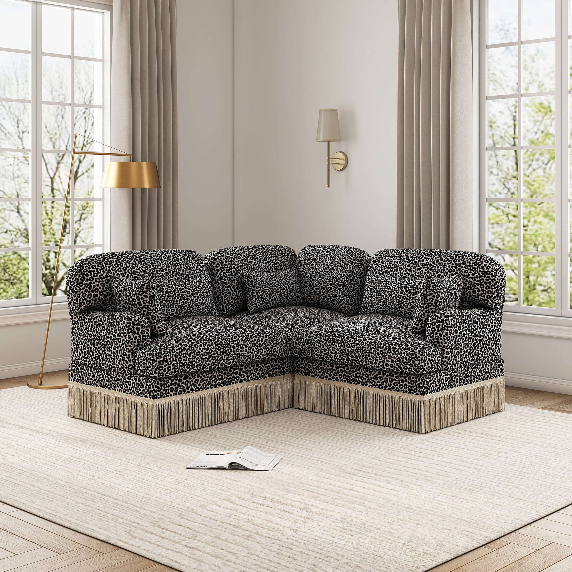 3 Seat Loveseat Sofa L Shaped Corner Couches Leopard Chenille Sofa Couches with Tassel and 2 Pillows