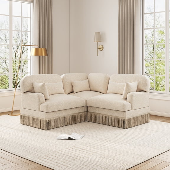 3 Seat Loveseat Sofa Sectional Coucheses L Shaped Corner Couches Leopard Chenille Sofa Couches with Tassel, Beige Coffee