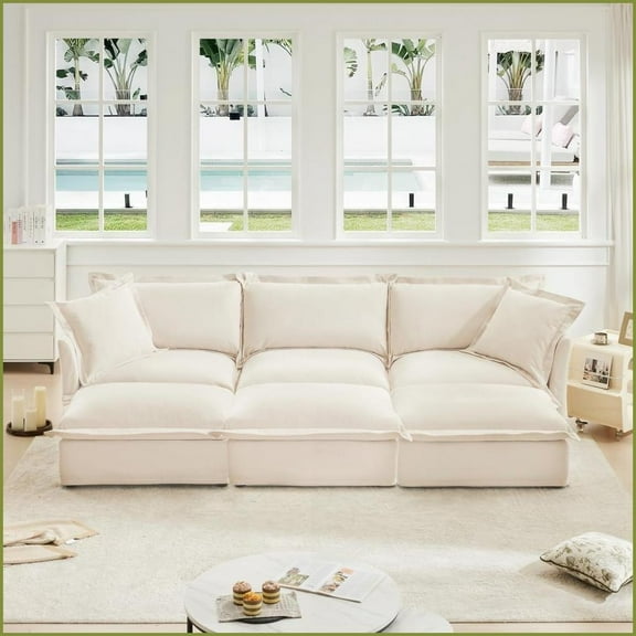 3-Seat Modern Chenille Sofa - Beige, Washable Covers, Flexible Living Room Couch | Chenille | Flared Arms | Solid Wood Frame