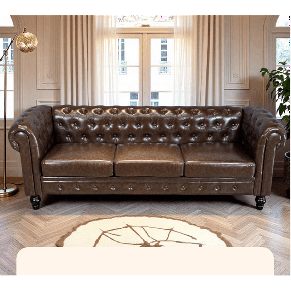 3-Seat Modern Tufted PU Sofa - Chesterfield Style with Rolled Arms, Faux Fur Cushions, Brown Upholstery for Living Room/Apartment