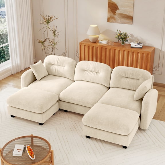 3-Seat Modular Sectional U-Shaped Couch With Ottoman,Premium Chenille Fabric Soft Throw Pillows,High-Density Foam Ergonomic Design Easy Install,Beige