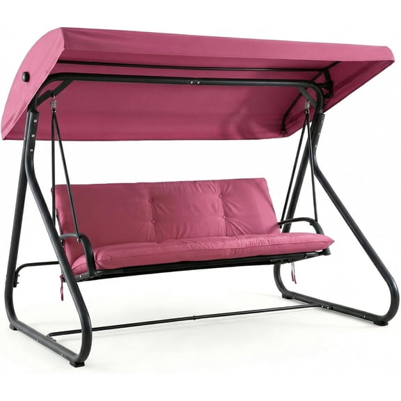 3 Seat Outdoor Convertible Swing Glider with Adjustable Canopy, 2 in 1 Bench to Flat Bed, Removable Cushions, Heavy Duty Metal Frame, 750 LBS Weight Capacity for Patio, Backyard, Porch, Garden, Red