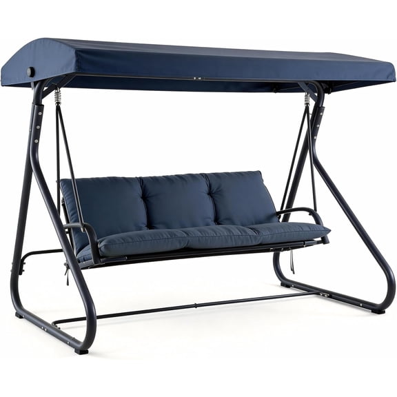 3 Seat Outdoor Convertible Swing Glider with Adjustable Canopy, 2 in 1 Bench to Flat Bed, Removable Cushions, Heavy Duty Metal Frame, 750 LBS Weight Capacity for Patio, Backyard, Porch, Garden, Blue