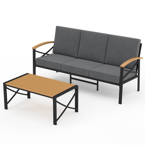3Seat Outdoor Patio Sofa Set, HeavyDuty Iron Patio Conversation Furniture with HDPS WoodLook Armrests, WaterResistant Cushioned 3Seater Couch & Coffee Table for Backyard Porch Garden, Heynemo