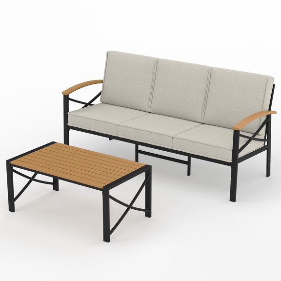 3Seat Outdoor Patio Sofa Set, HeavyDuty Iron Patio Conversation Furniture with HDPS WoodLook Armrests, WaterResistant Cushioned 3Seater Couch & Coffee Table for Backyard Porch Garden, Heynemo