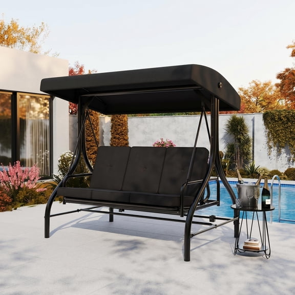 3-Seat Outdoor Patio Swing with Adjustable Canopy & Backrest, Outside Porch Converting Bed with Thickened Removable Cushions, Porch Swing Chair for Backyard, Poolside, Garden, 750LBS, Red/Black