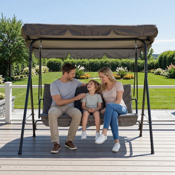 3-Seat Outdoor Patio Swing Chair with Adjustable Canopy, Armrests, Breathable Textilene, Heavy Duty Waterproof Steel Frame, Glider Bench for Garden, Poolside - Gray-10z