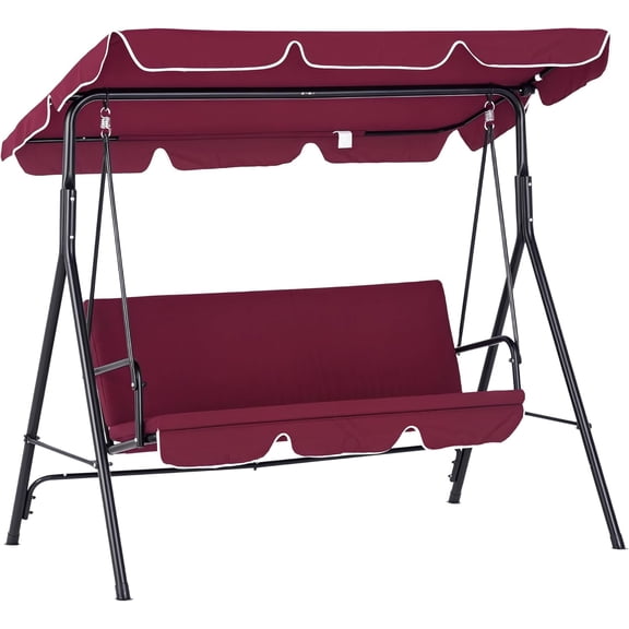 3-Seat Outdoor Patio Swing Chair with Removable Cushion, Steel Frame Stand and Adjustable Tilt Canopy for Patio, Garden, Poolside, Balcony, Backyard, Wine Red
