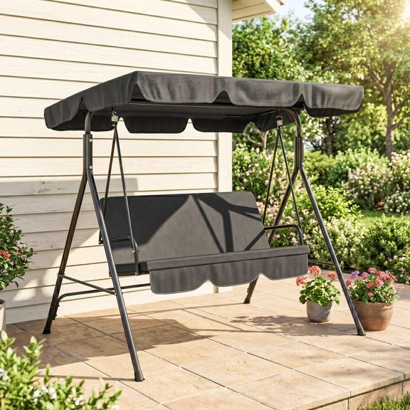 3-Seat Outdoor Patio Swing Chair with Cushion, Steel Frame Stand & Adjustable Tilt Canopy, Black Porch Swing Bench for Garden Backyard Relaxation