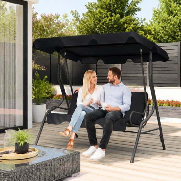 3 Seat Outdoor Patio Swing Chair, with Cushions, Steel Frame, Black Canopy