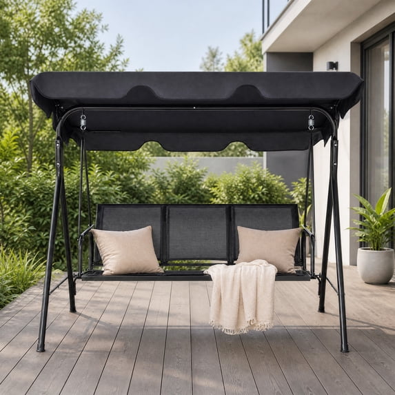 3-Seat Outdoor Patio Swing with Adjustable Canopy and Heavy-duty Metal Frame-Black