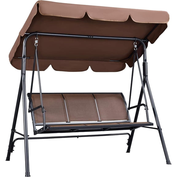 3-Seat Outdoor Porch Swing Chair with Adjustable Canopy, Armrests, and Stand Dark Brown