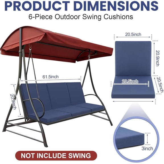 3 Seat Outdoor Porch Swing Cushions Replacement Set Waterproof Navy Blue