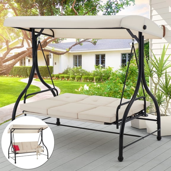 3-Seat Outdoor Porch Swing With Beige Canopy And Cushions, Freestanding