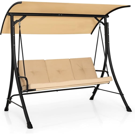 3-Seat Outdoor Porch Swing with Adjustable Canopy, Armrests, Metal Frame & Thickened Cushions, Patio Swing Chair for Garden, Poolside & Deck