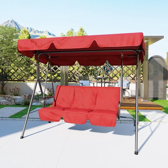 3 Seat Outdoor Porch Swing with Adjustable Canopy, Convertible Patio Swing Bed with Stand Patio SwingChair with Adjustable Tilt ShadeRed