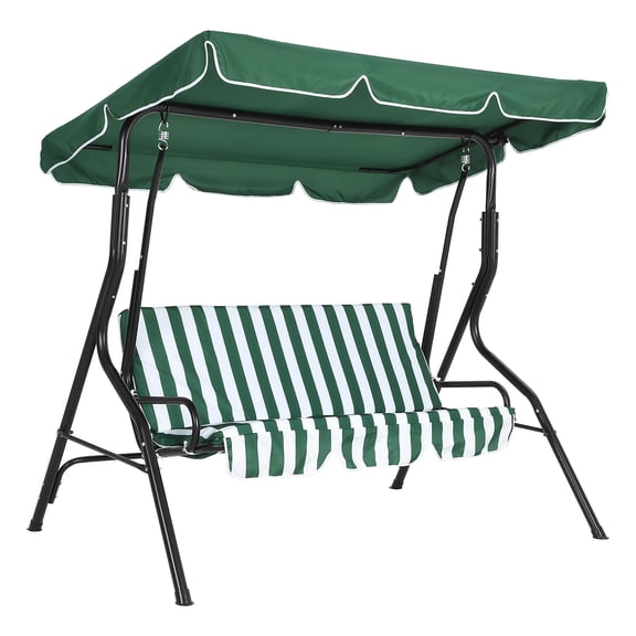 3 Seat Outdoor Porch Swing with Adjustable Canopy, Patio Swing Chair with Stand, Metal Frame, Thick Cushions, 500 lb Capacity