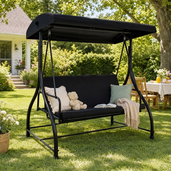 3-Seat Outdoor Porch Swing with Adjustable Canopy & Removable Cushion , Swing Glider Hammock for Patio, Garden,Black