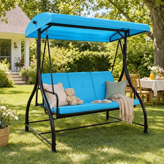 3-Seat Outdoor Porch Swing with Adjustable Canopy & Removable Cushion , Swing Glider Hammock for Patio, Garden,Blue