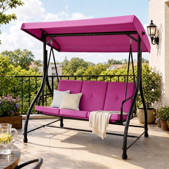 3-Seat Outdoor Porch Swing with Adjustable Canopy & Removable Cushion , Swing Glider Hammock for Patio, Garden, Wine