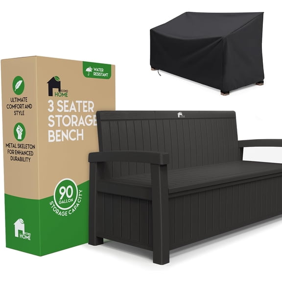 3 Seat Outdoor Storage Bench with Rain Cover - 90 Gallon Capacity - Weatherproof Resin Bench for Patio, Porch, Garden, Yard, Pool Area - Furniture for Pool Accessories, Gardening Tools