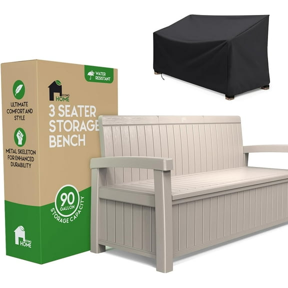 3 Seat Outdoor Storage Bench with Rain Cover - 90 Gallon Capacity - Weatherproof Resin Bench for Patio, Porch, Garden, Yard, Pool Area - Furniture for Pool Accessories, Gardening Tools